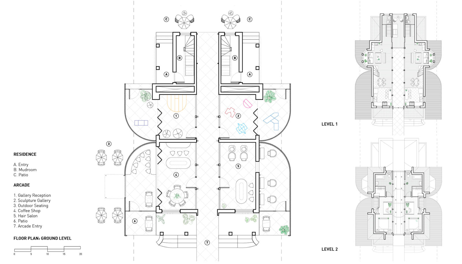 Floor Plans, Ground Level (left), Level 1 and Level 2 (right). Scale varies.